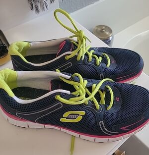 Women's Skechers Navy Athletic Sneakers with Neon Yellow & Pink Accents